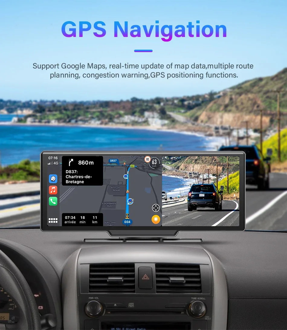 10.26" 4K Dash Cam Mirror with Wireless CarPlay & Android Auto, GPS, Rear Camera, 1600x600 IPS Touchscreen, Voice Control, Parking Monitor
