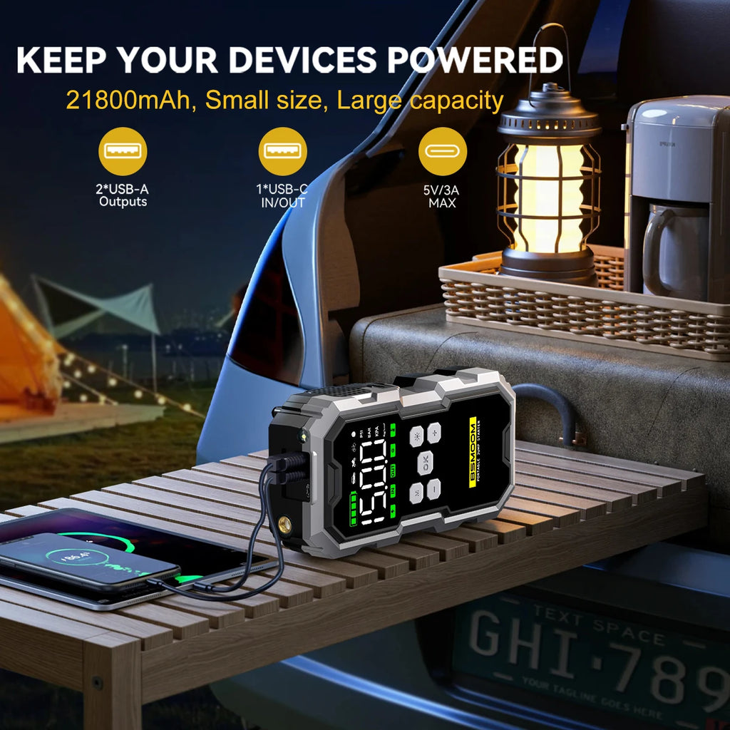 🚗⚡ Car Jump Starter with Air Compressor – 6000A Powerful Booster, 21800mAh Portable Battery Charger with LCD Screen