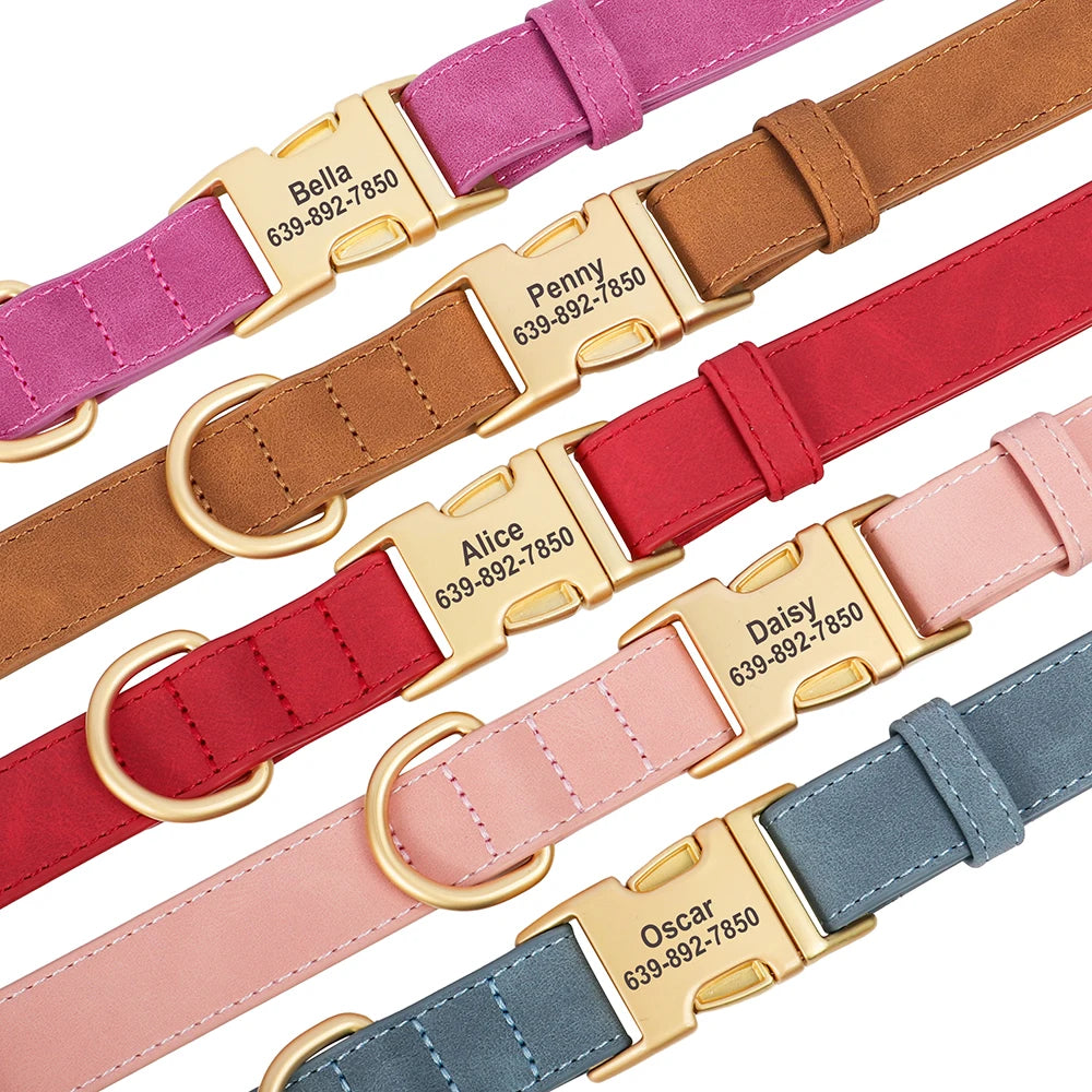 PU Leather Dog Collar with Free Custom Engraved Nameplate, Adjustable Anti‑Lost Buckle Collar for All Dog Sizes