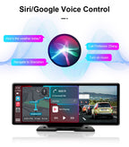10.26" 4K Dash Cam Mirror with Wireless CarPlay & Android Auto, GPS, Rear Camera, 1600x600 IPS Touchscreen, Voice Control, Parking Monitor