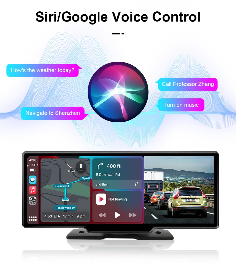 10.26" 4K Dash Cam Mirror with Wireless CarPlay & Android Auto, GPS, Rear Camera, 1600x600 IPS Touchscreen, Voice Control, Parking Monitor