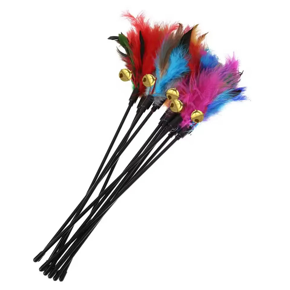 🐱🎣 Cat Interactive Feather Wand Toy Set (5PCS) – Colorful Chicken Feather Teaser with Bell | Portable Cat Stick Toys