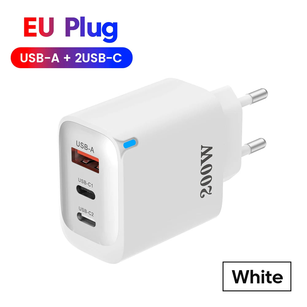200W USB Type C Charger Quick Charge Portable Fast Charger 1U+2C Multi Port Charging Head