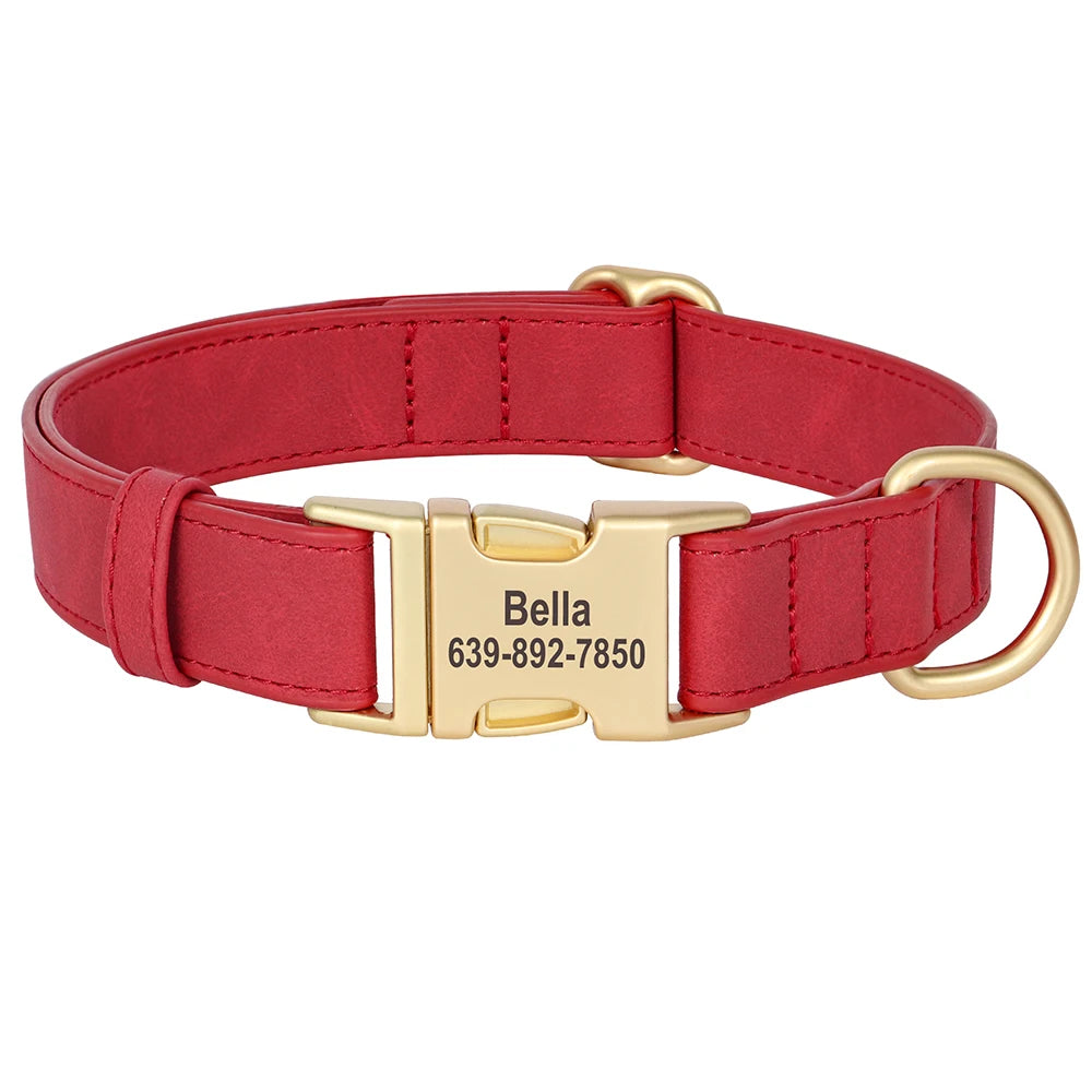 PU Leather Dog Collar with Free Custom Engraved Nameplate, Adjustable Anti‑Lost Buckle Collar for All Dog Sizes