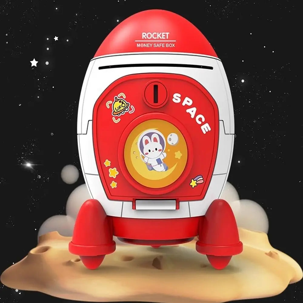🚀🐷 Cute Children Piggy Bank Space Rocket Money Box ✨ | Cartoon Sticker Plastic Cash Box 💰 | Multi-Purpose Kids Gift Toy