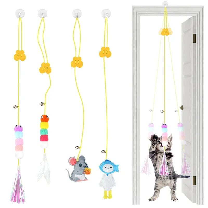 Interactive Hanging Cat Toy with Feather – Stretchable Elastic Rope Teaser
