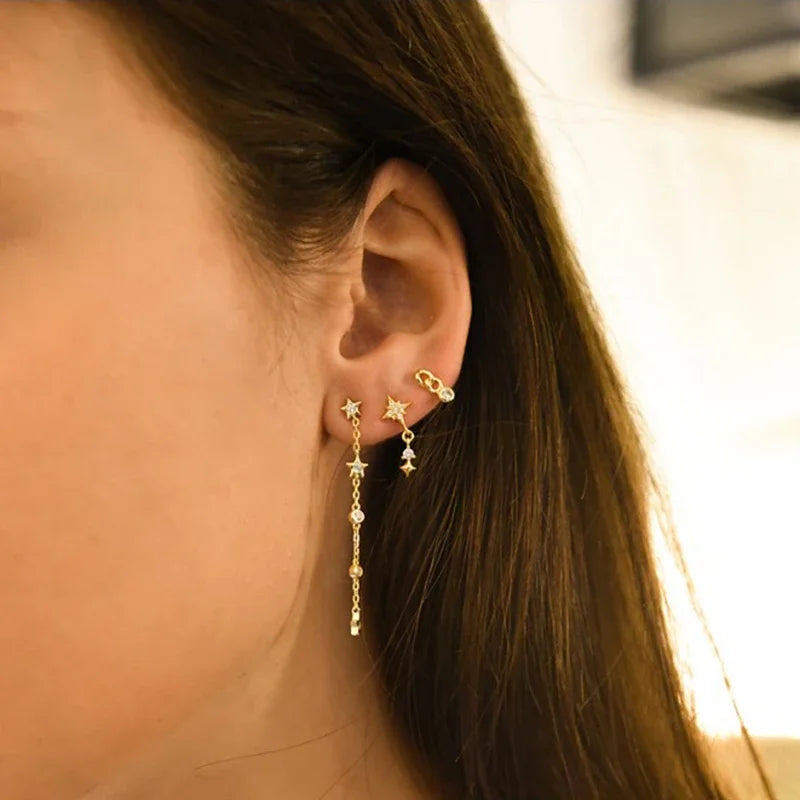 ✨💎 925 Silver Ear Needle Crystal Star Stud Earrings 💖 | Heart Chain Tassel Pendant Earrings for Women 👰 | Party & Wedding Jewelry Accessories 🌟