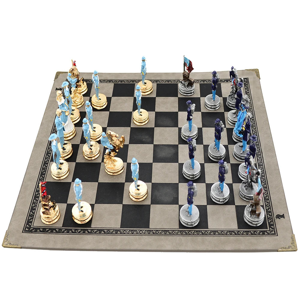 Luxury War‑Themed Metal & Resin Chess Set ♟️ | Hand‑Painted Knights on Leather Board | 32‑Piece Strategy Gift Set 🎁