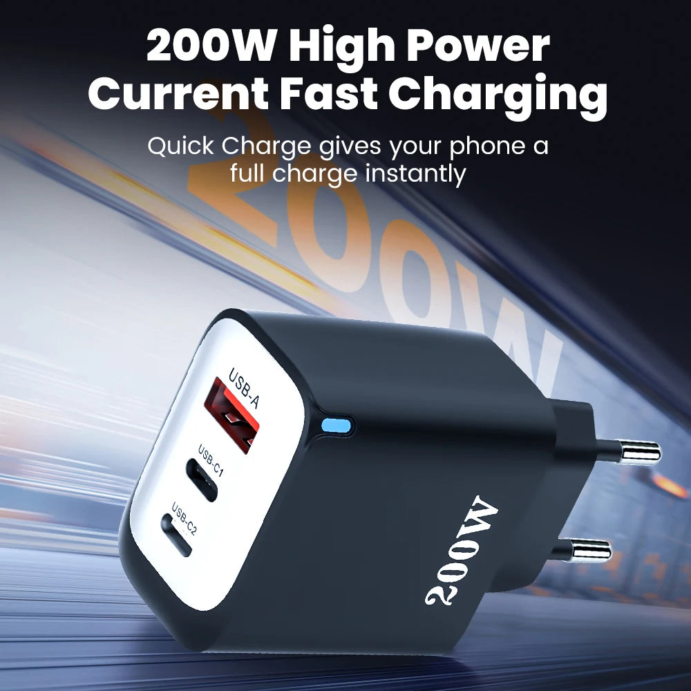 200W USB Type C Charger Quick Charge Portable Fast Charger 1U+2C Multi Port Charging Head