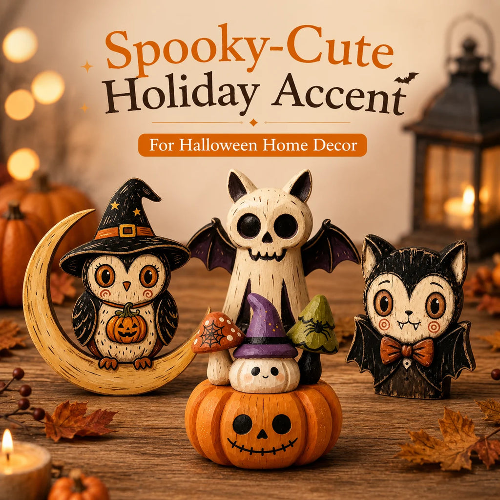 Hand-Painted Halloween Figurines – Owl, Ghost & Vampire Cat