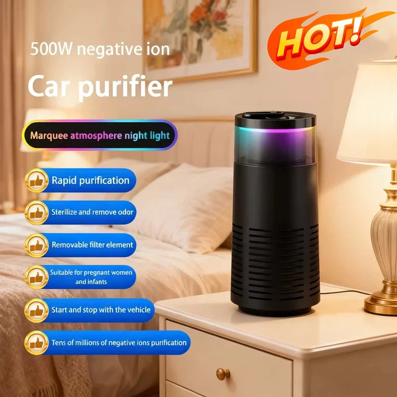 🚗🌿 Car Air Purifier 2026 | Rapid Purification & Formaldehyde Removal ✨ | Negative Ion Cleaner with Ambient Light for Fresh In-Car Air