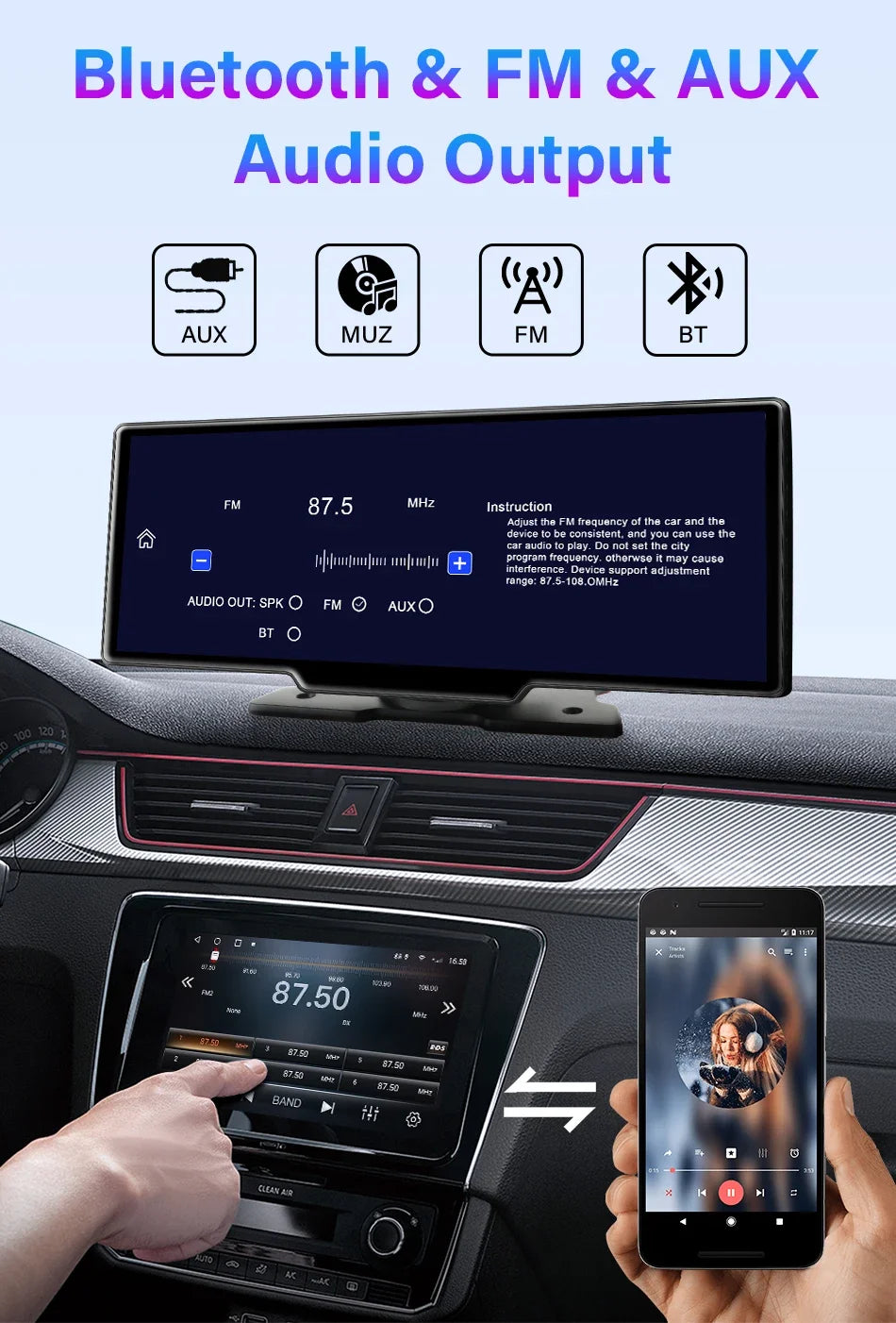 10.26" 4K Dash Cam Mirror with Wireless CarPlay & Android Auto, GPS, Rear Camera, 1600x600 IPS Touchscreen, Voice Control, Parking Monitor