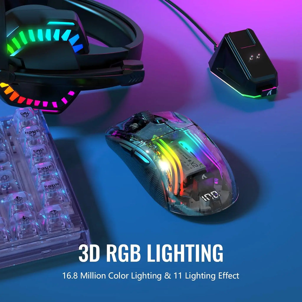 🔥🖱️ ATTACK SHARK X2 Pro Triple Mode Wireless RGB Gaming Mouse – Transparent Shell