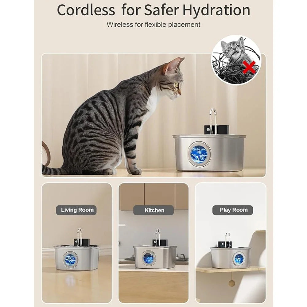 💧🐾 3.2L Stainless Steel Wireless Pet Water Fountain – 4000mAh