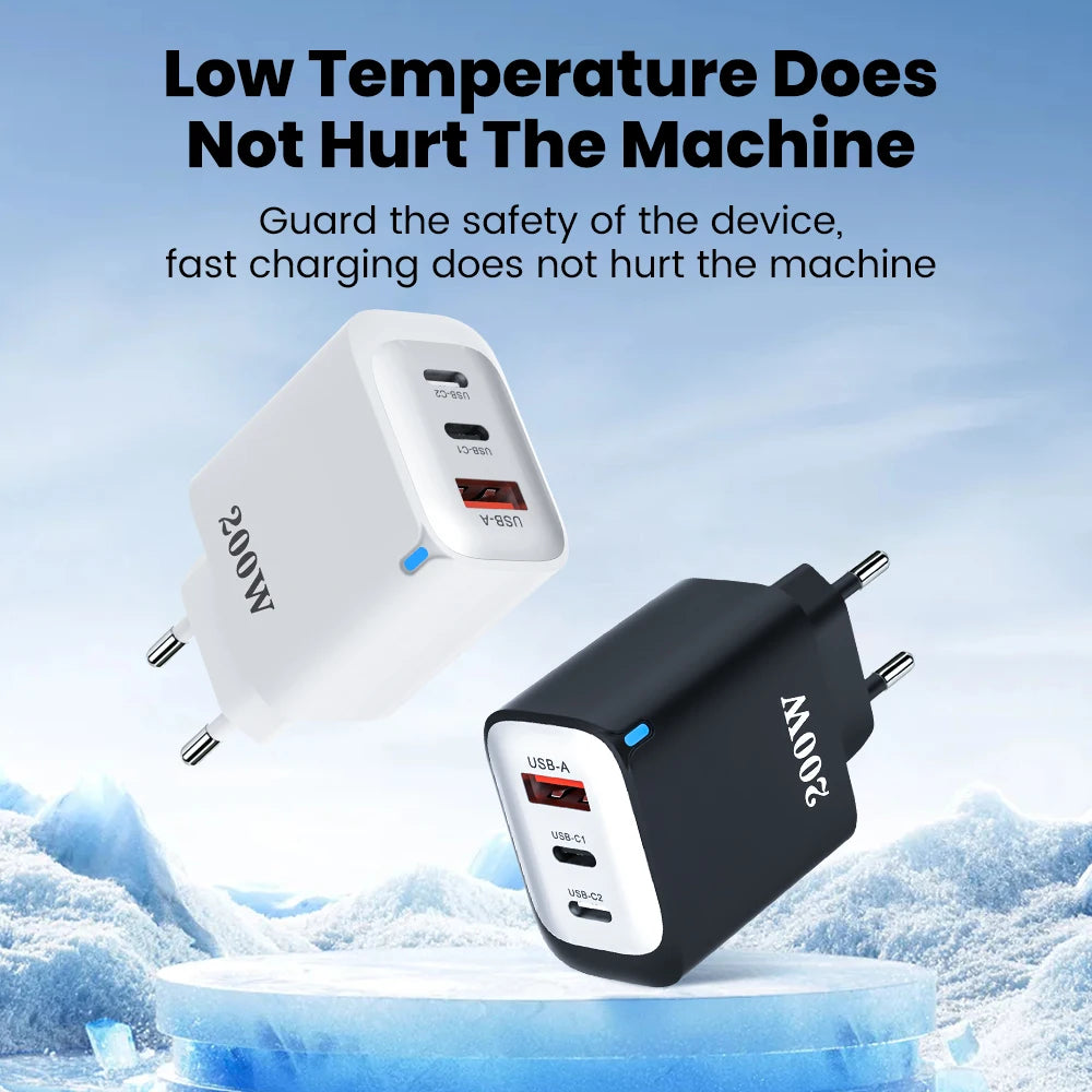 200W USB Type C Charger Quick Charge Portable Fast Charger 1U+2C Multi Port Charging Head