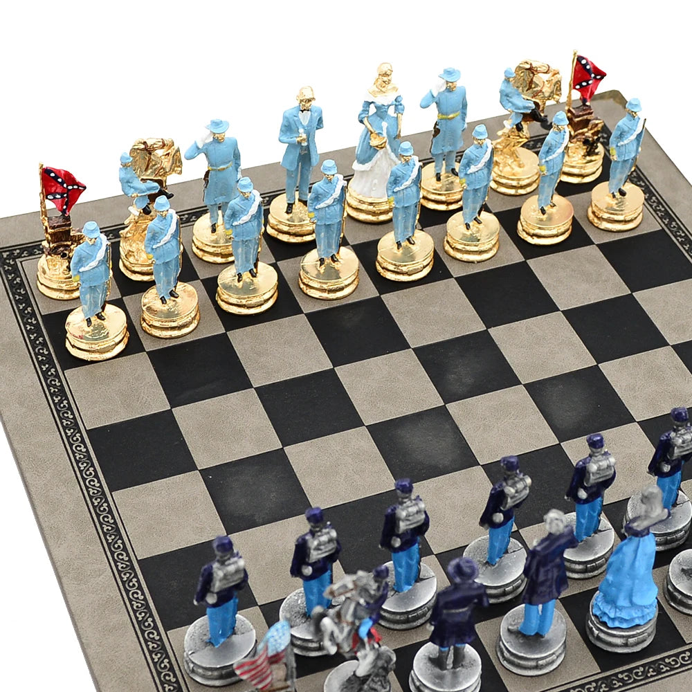 Luxury War‑Themed Metal & Resin Chess Set ♟️ | Hand‑Painted Knights on Leather Board | 32‑Piece Strategy Gift Set 🎁