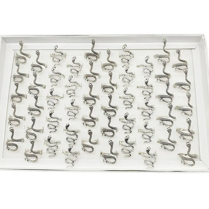 🐍💍 50pcs Vintage Snake Rings Set – Adjustable Silver Animal Jewelry