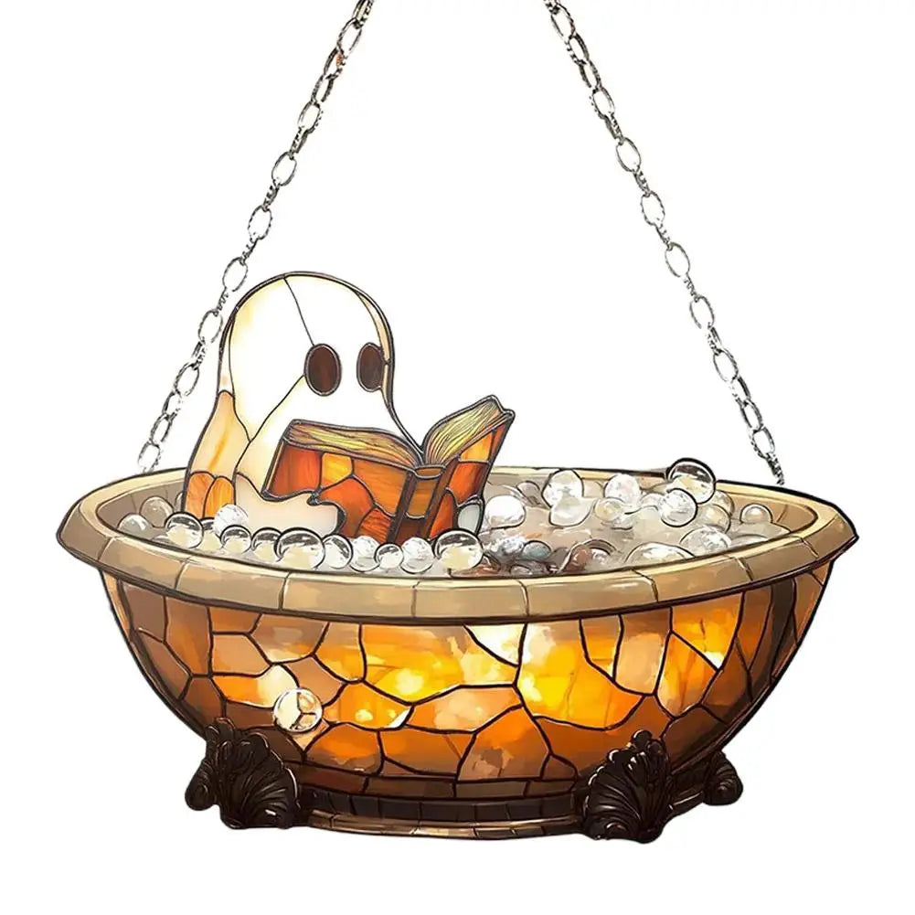 Halloween Ghost Reading Acrylic Ornament – Colorful Window Décor