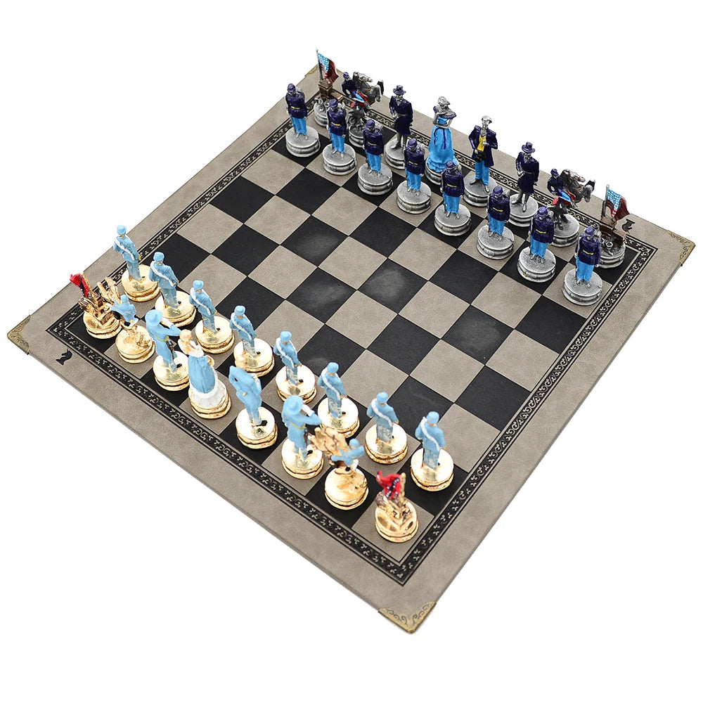 Luxury War‑Themed Metal & Resin Chess Set ♟️ | Hand‑Painted Knights on Leather Board | 32‑Piece Strategy Gift Set 🎁