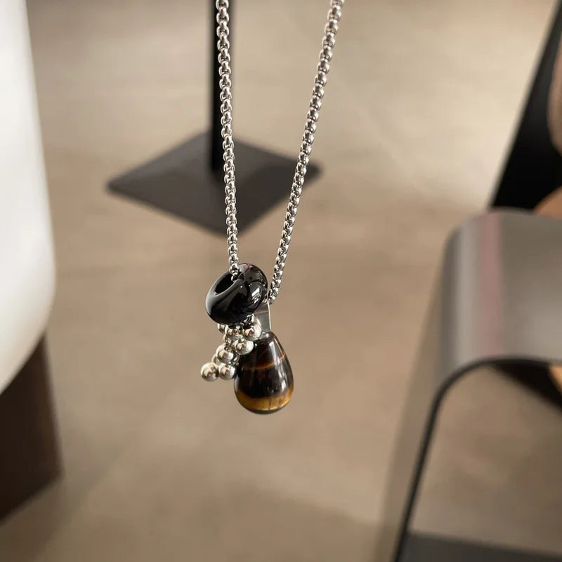 💛✨ Natural Spotted Tiger Eye Stone Necklace 🍇 | Vintage Water Droplet Grape Pendant 🌿 | Long Chain Necklace for Women Boho Accessories 💖