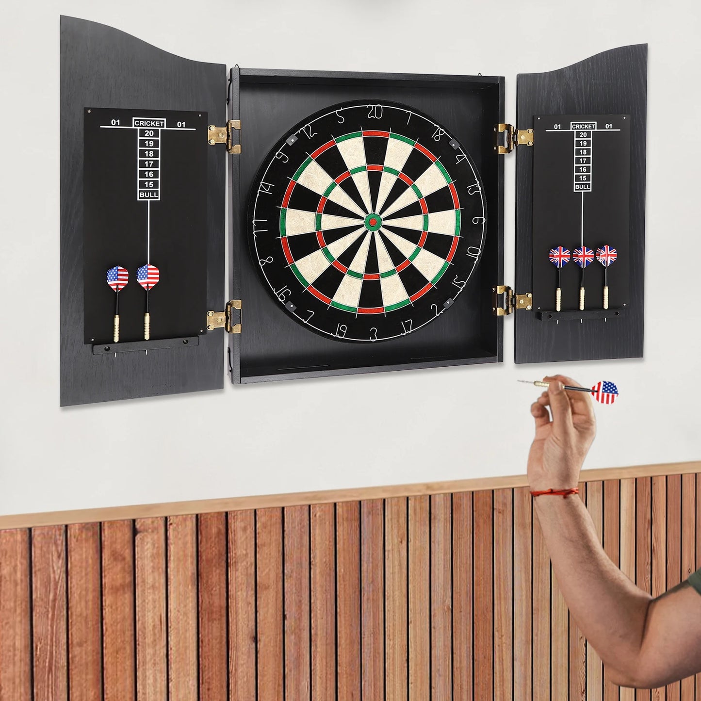 Wall‑Mounted Dartboard Cabinet Set 🎯 Classic MDF & Sisal Dart Board for Adults | Includes Cabinet, 6 Darts & Accessories | Home & Game Room Decor