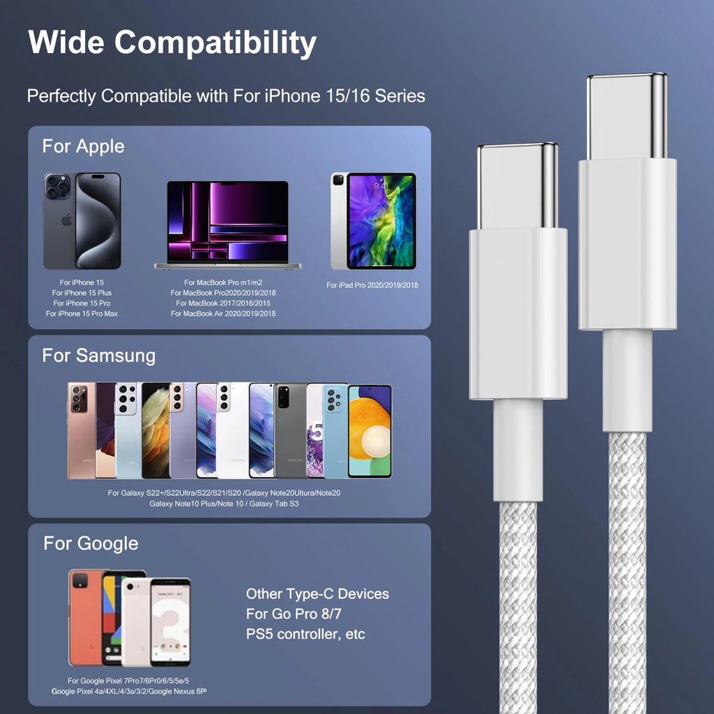 40W PD Fast Charger USB-C to C Cable – For iPhone & Samsung