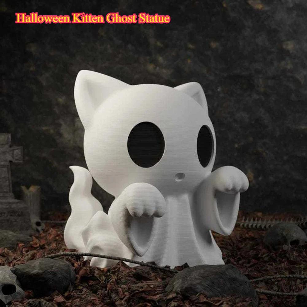 Halloween Kitten Ghost Figurine – Cute 3D Desktop Décor