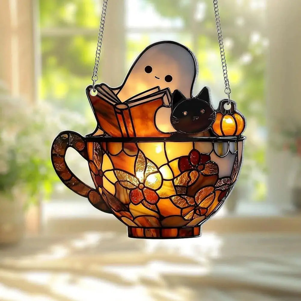 Halloween Ghost Reading Acrylic Ornament – Colorful Window Décor