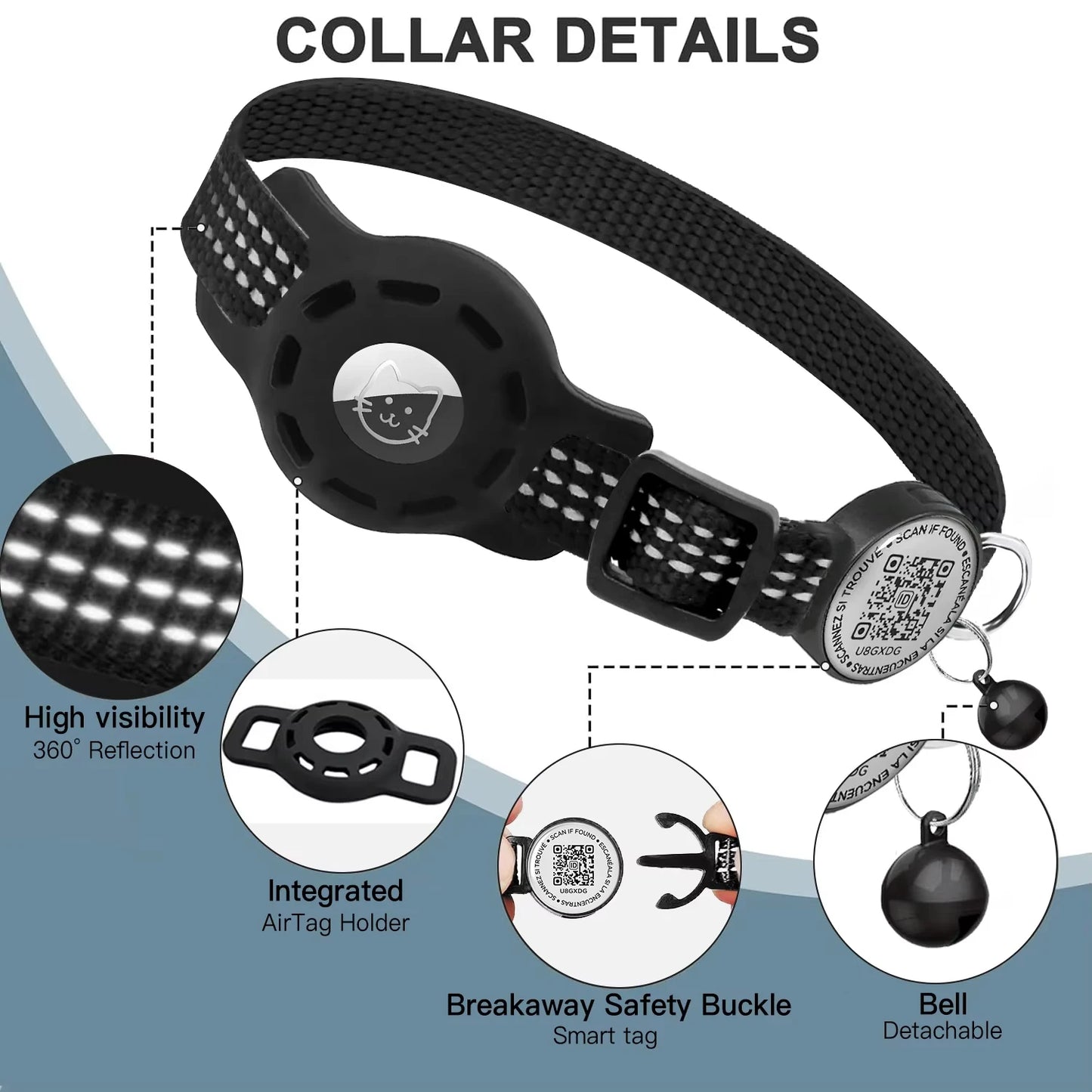 📍🐾 Reflective Cat GPS Collar with QR Tag & AirTag Case – Breakaway Safety