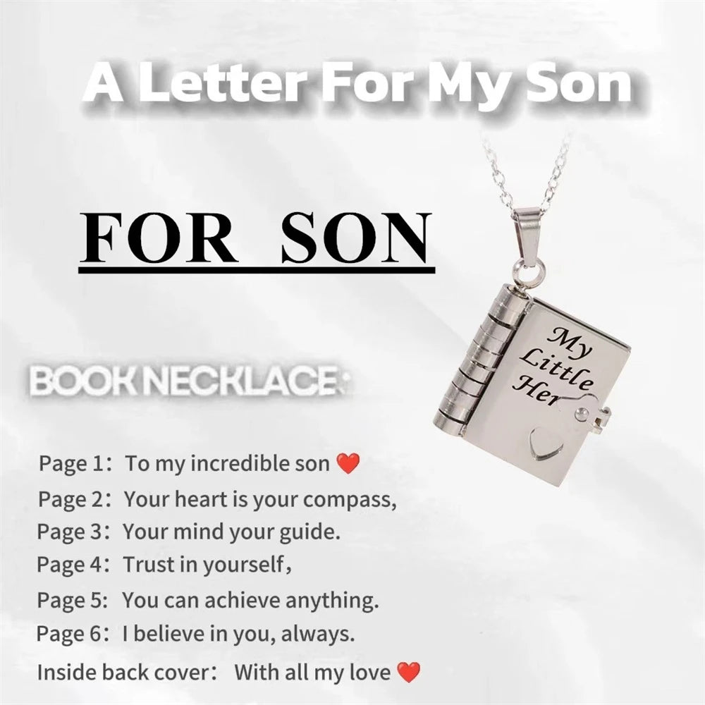 📖💙 To My Champion Son Book Necklace 🏆 | Engraved Openable Book Pendant with 6 Message Pages ✨ | Birthday Gift for Boys – My Little Hero 💪