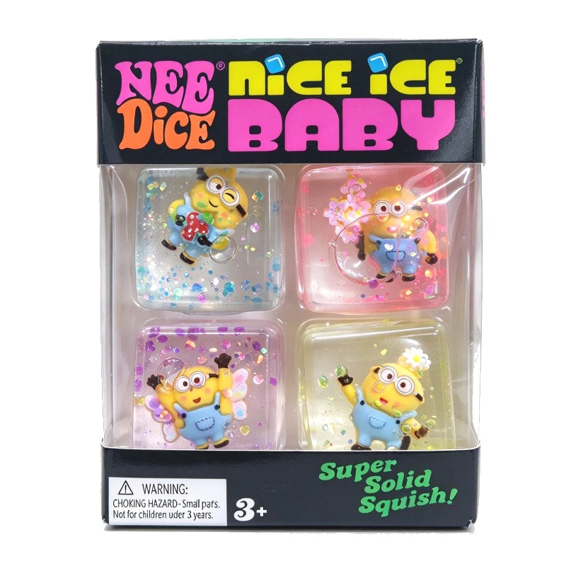 Four Minions-themed sensory squishy cubes in clear-front retail packaging