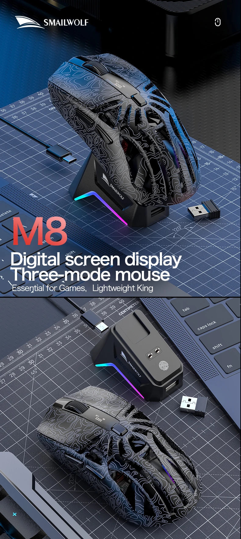 🔥🖱️ SMAILWOLF M8 Wireless RGB Gaming Mouse – 12000 DPI Tri-Mode