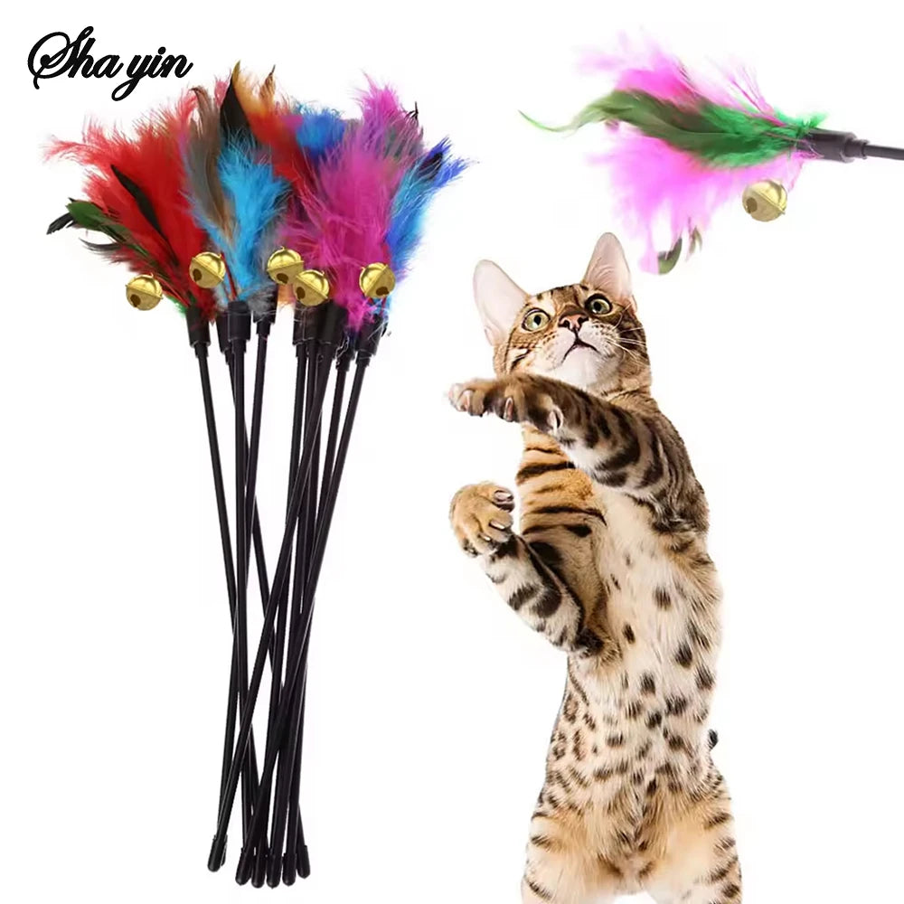 🐱🎣 Cat Interactive Feather Wand Toy Set (5PCS) – Colorful Chicken Feather Teaser with Bell | Portable Cat Stick Toys