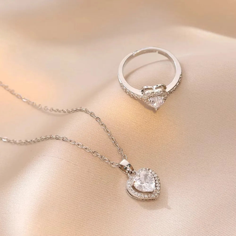 💖✨ Charm Fashion Pink Heart Zircon Jewelry Set 💎 | Luxury Silver Color Stainless Steel Ring & Necklace Set for Women 💕 | Colorfast Crystal Gift