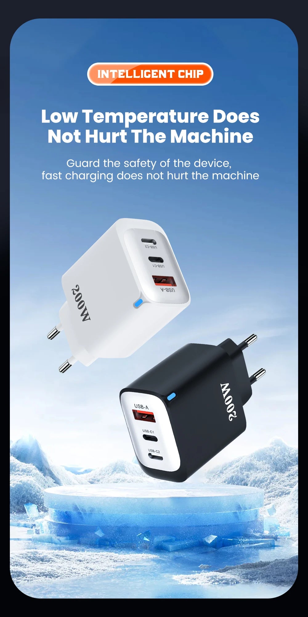 200W USB Type C Charger Quick Charge Portable Fast Charger 1U+2C Multi Port Charging Head