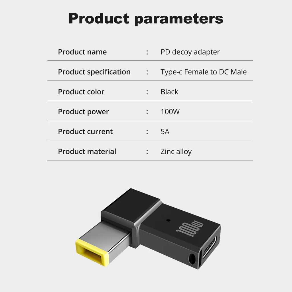 PD 100W USB Type-C Female to DC Male Adapter for Lenovo ThinkPad | Fast Charging Cable Converter Square PD Plug