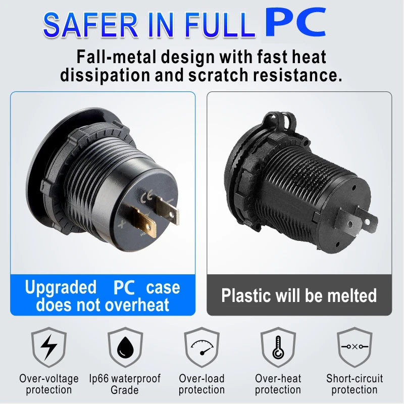 12V/24V Fast Charge USB Socket – 54W PD USB‑C + Dual QC3.0 Ports | Marine, Motorcycle, Truck & Car Power Outlet
