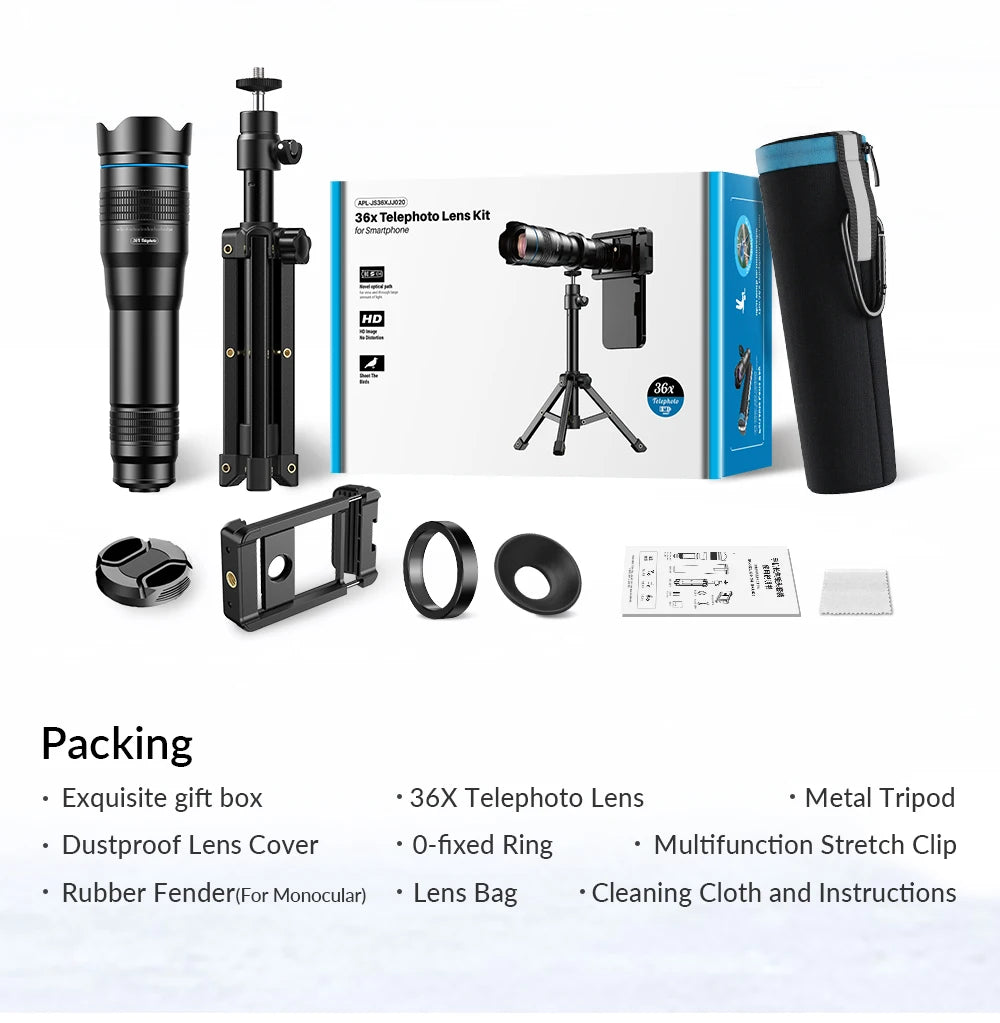 🔭📱 APEXEL 36X Metal Telephoto Zoom Lens with Tripod
