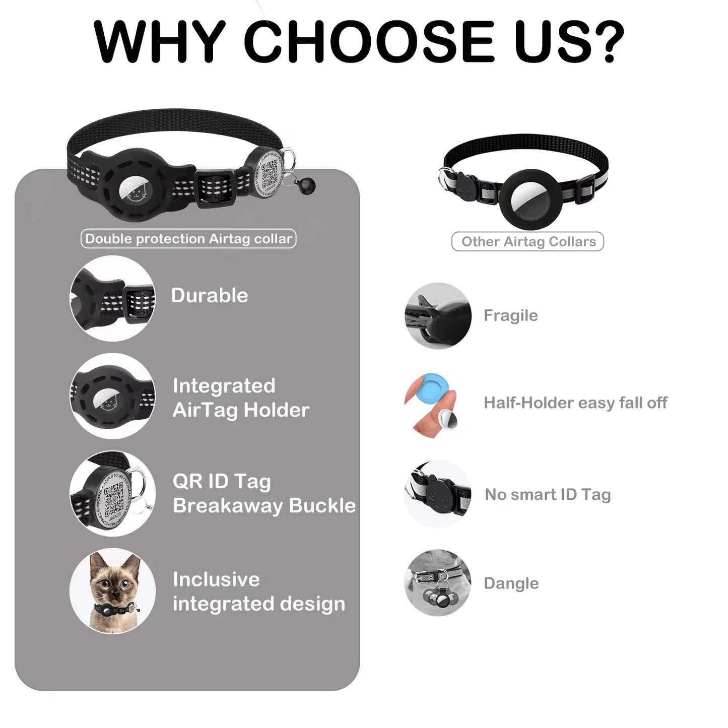 📍🐾 Reflective Cat GPS Collar with QR Tag & AirTag Case – Breakaway Safety