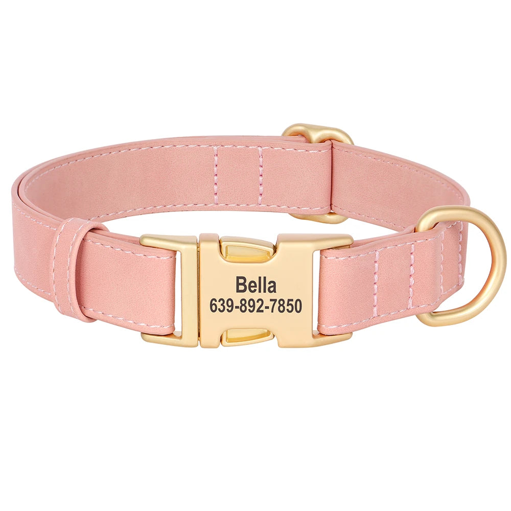 PU Leather Dog Collar with Free Custom Engraved Nameplate, Adjustable Anti‑Lost Buckle Collar for All Dog Sizes