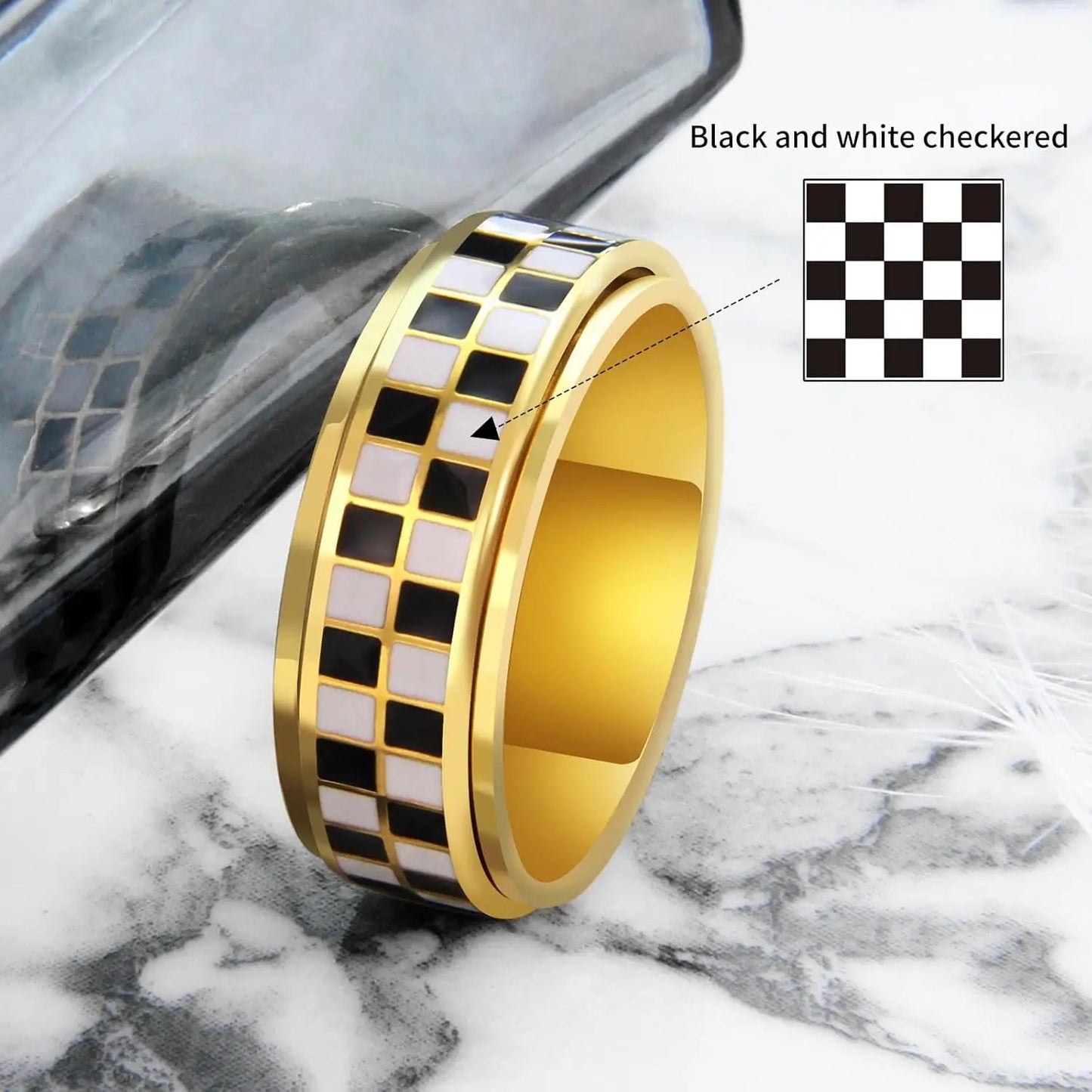 Stainless Steel Checkered Fidget Spinner Ring – Black & White Checkerboard | 18K Gold Plated Stress Relief Band (Unisex) ♟️💍✨