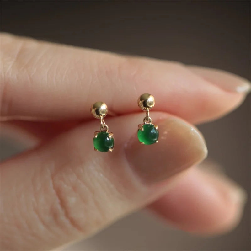 ✨💚 925 Sterling Silver 14K Gold Plated Vintage Green Bead Pendant Earrings 💎 | Elegant Party & Wedding Silver Earrings for Women 👰