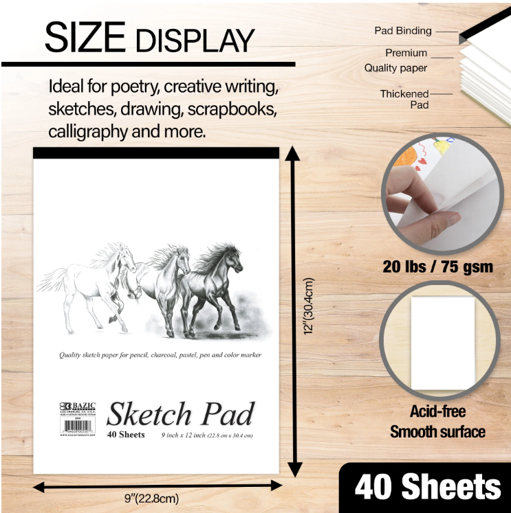 Sketch Pad 40 Sheets 9"x12" 📖 White Sketchbook for Drawing, Journaling & Art Projects
