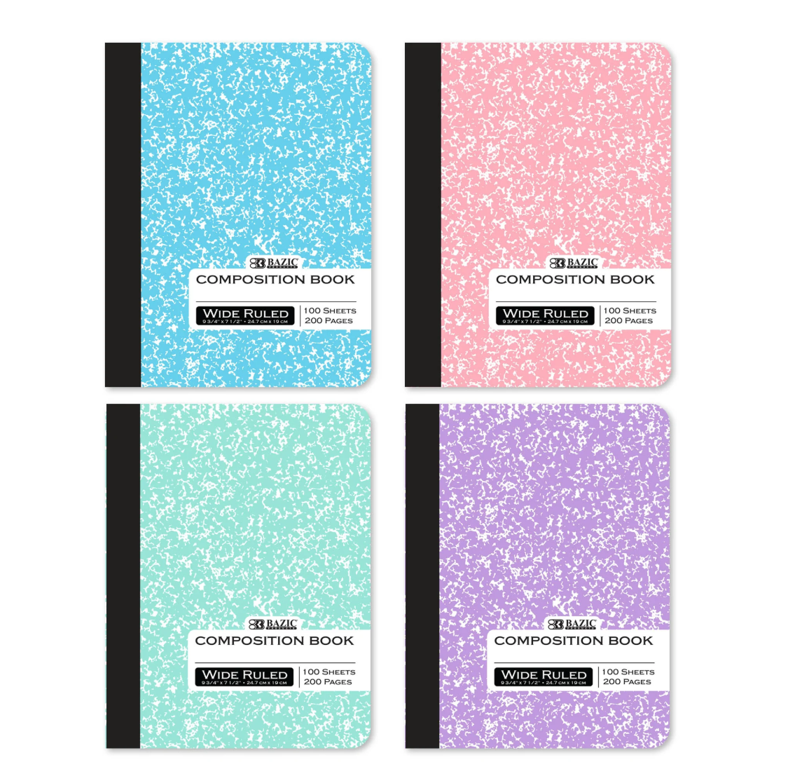 Composition Notebook Wide Ruled – 100 Sheets (200 Pages), Pastel Marble Cover, 9.75 x 7.5 in – Durable Sewn Binding