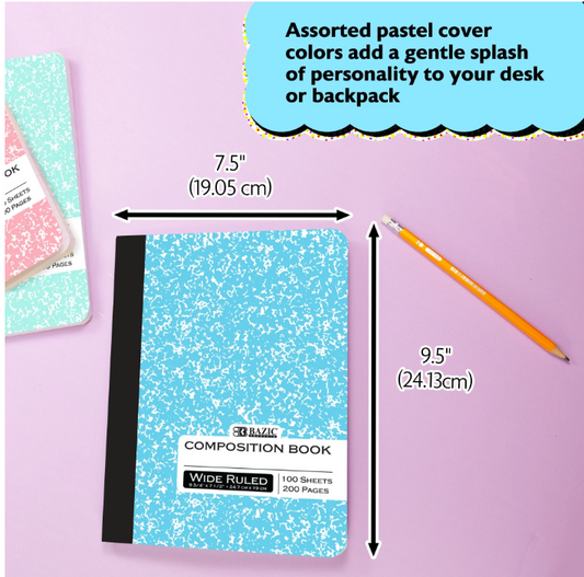 Composition Notebook Wide Ruled – 100 Sheets (200 Pages), Pastel Marble Cover, 9.75 x 7.5 in – Durable Sewn Binding