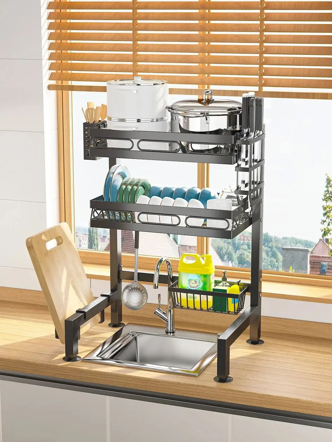 🍽️✨ Over-the-Sink Dish Drying Rack | Kitchen Storage Organizer with Utensil Holder, Sponge Holder & Hooks 🧽 | Space-Saving Sink Rack