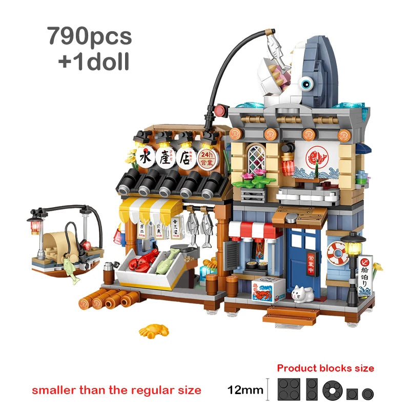 🍋🍜 Creative Mini Building Blocks – Snack Bar, Sea Fish Food House & Lemon Tea Shop DIY Puzzle Toy for Kids & Girls