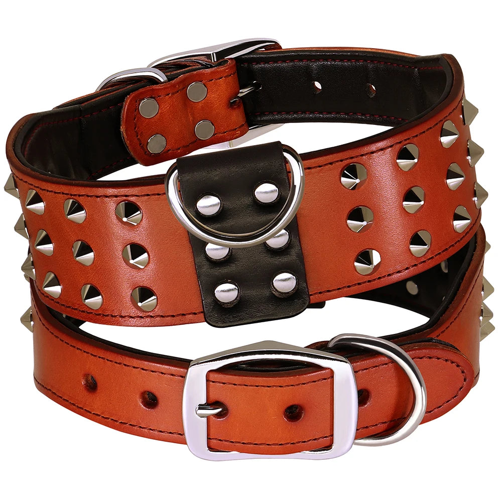 🐕🛡️ Spiked Studded Big Dog Collar – Genuine Leather Wide Anti-Bite Collar for Rottweiler & Pitbull