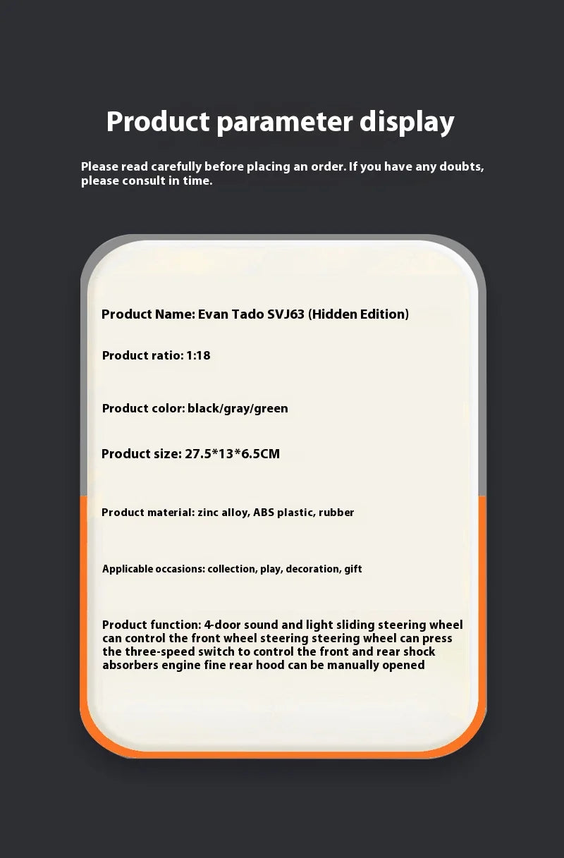 1:18 Scale SVJ63 Alloy Car Toy Model with Sound & Light Effects - Realistic Detail for Kids' Playtime & Collectors' Delight