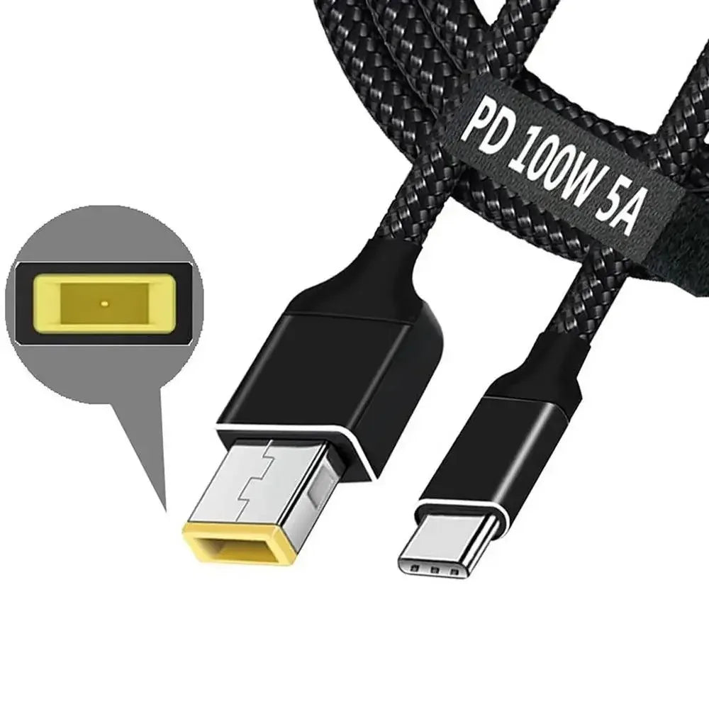 USB‑C to Slim Square Tip PD Charging Cable 100W – Type‑C to Lenovo Yoga/ThinkPad Power Cord Compatible with 65W/90W/100W Laptops